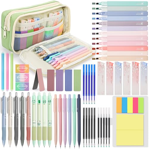 DazSpirit 61PCS Aesthetic College School Supplies Set with Cute Pencil Case | Pastel No Bleed Highlighters, Gel & Erasable Pens, Mechanical Pencils, Refills & Sticky Notes, Complete Stationery Kit - color: Green