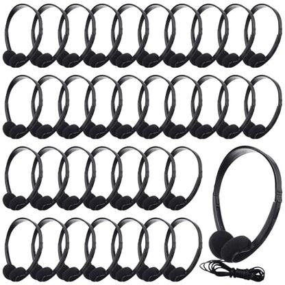 Konohan 30 Pack Bulk Classroom Headphones Wired Black Adjustable Over Ear Earbuds Headphones with 3.5 mm Plug for Teen Adults Students Schools Library Computer Labs Office Airplane