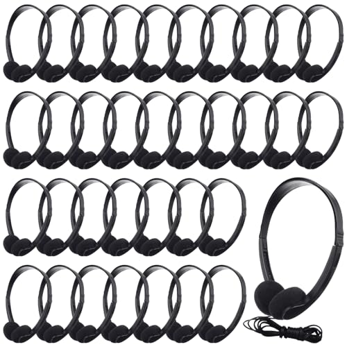 Konohan 30 Pack Bulk Classroom Headphones Wired Black Adjustable Over Ear Earbuds Headphones with 3.5 mm Plug for Teen Adults Students Schools Library Computer Labs Office Airplane
