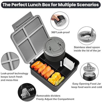 Bento Lunch Box for Kids with 8oz Soup Thermo,Kids Leakproof Lunch Food Containers with 4 Compartment,Kid Insulated Thermo Hot Food Jar for School,Trvael-Black - color: Black