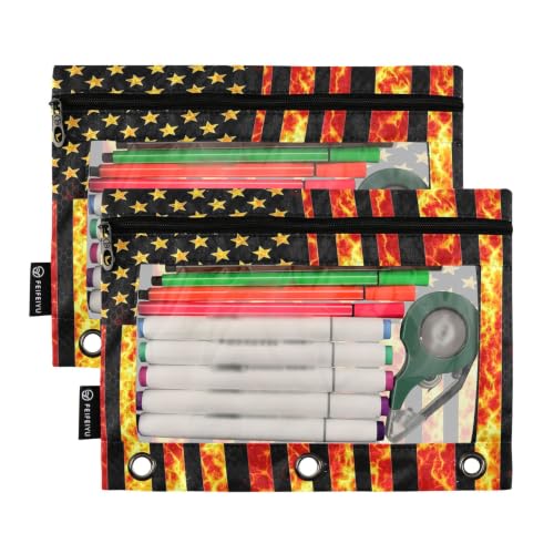 Gredecor 3 Ring Binder Pencil Pouch, American Flag with Fiery Zippered Pen Case Pouches with Clear Window, 2 Pack Stylish Office & School Supplie - color: American Flag With Fiery
