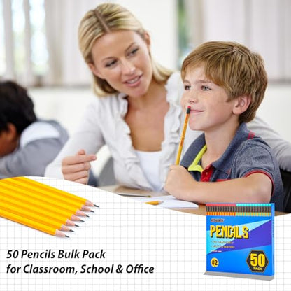 #2 HB Pencils, 50 Count Pre-Sharpened Yellow Wood Pencils Bulk Pack with Erasers, Break Resistant Lead, Smooth Writing for School, Classroom, Teacher & Office Supplies