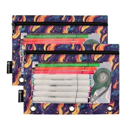 Binder Pencil Pouches Y2k Style with Fires Pen Case | Clear Window 3 Rings, Cosmetic Bags School Office Supplies Cosmetic Makeup Bag 2 Psc - color: Multi-flames