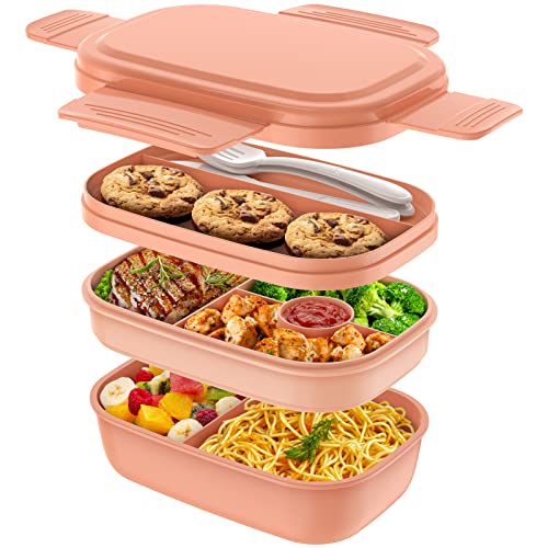 HOMETALL Bento Box Adult Lunch Box,3 Stackable Bento Lunch Containers for Adults/Kids, Modern Minimalist Design Bento Box with Utensil Set, Leak-Proof Lunchbox for Dining Out, Work, Picnic, School - color: Pink