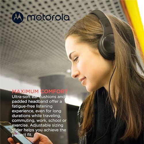 Motorola Sound Moto XT120 Over Ear Headphones Wired with Microphone, in-Line Command Control for Calls - Foldable Wired Headphones with Adjustable Cushioned Headband, Dynamic Bass, 3.5mm Jack - Black - color: Black