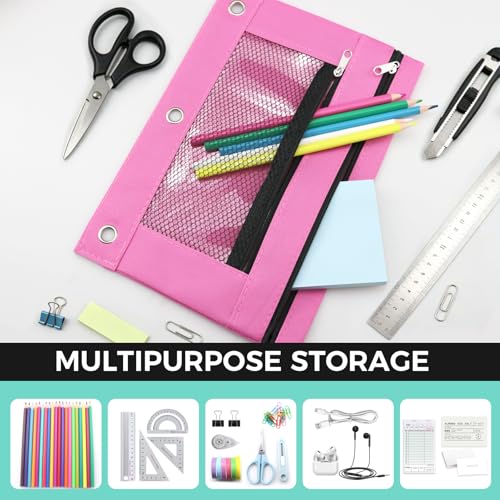 3 Ring Pencil Pouch for Binder, 2-Pocket Zipper Pencil Case with Clear Window & Mesh Pocket, Heavy Duty 600D Oxford Fabric Binder Pouch for School Office Supplies, Fits Standard 3-Ring Binders, Pink - color: Pink