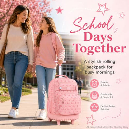 3Pcs Rolling Backpack for Girls Women, School Kids Roller Bookbag with Wheels, Wheeled Backpacks Set for Elementary (Pink) - color: Star Pink