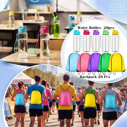 40 Pcs 17 oz Plastic Water Bottles Bulk and Drawstring Backpack Set for Back to School Gifts Reusable Flip Top Leakproof Water Bottles with Handle Adults Sports Gym Travel Outdoor(Vivid) - color: Vivid