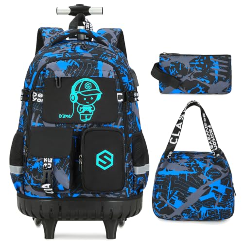 Scothen Rolling Backpack for Boys, Cool Luminous Gamer Roller School Backpacks for Boys with Lunch Bag and Pencil Pouch, Kids Backpack Bookbag with Wheels for Kindergarten Elementary Middle School - color: Blue Musicer