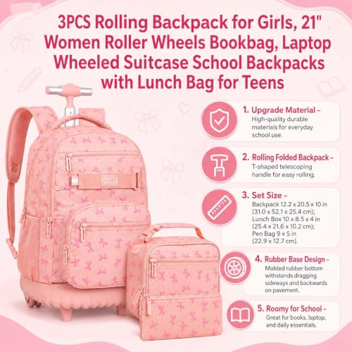 AGSDON Playful Bow Print Girls Rolling Backpack Set – 20” Roller Bookbag with Matching Lunch Box for Travel, Commute & School | Water-Resistant Fashion Wheeled Organizer in Pink - color: Rolling Backpack Set - Bow Pink