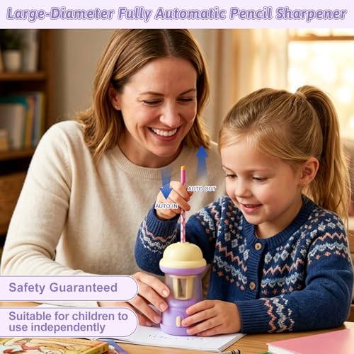 Rechargeable Electric Pencil Sharpener, 6-12mm Auto in & Out Fully Automatic Pencil Sharpener for Kids, Large Capacity Battery Powered, with Cartoon Stickers Ideal for Classroom & Home (Yellow-purple) - color: Yellow-purple