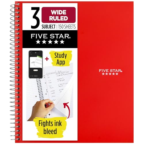 Five Star Spiral Notebook + Study App, 3 Subject, Wide Ruled Paper, 10-1/2" x 8", 150 Sheets, Red (72029) - color: Red, size: 8" x 10-1/2" (Pack of 1)