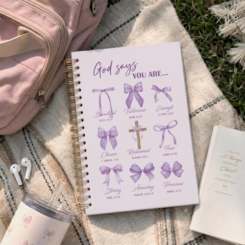 VONTP Bible Purple Bow Christian Notebook Journal for Women, 5.5 x 8.3 Inch | Christian Girl Energy Journal, Christian Study Notebook, Cute Preppy Bible Study Spiral Notebook for Bible Notes - color: 001-Purple