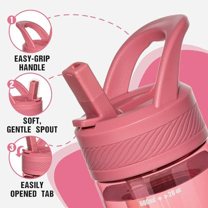 OLDLEY 20oz Kids Water Bottle with Straw, BPA-Free Tritan Water Bottle for School, Leakproof Clear Water Bottle with One Click Open, Measurement Scale, Cup Holder Friendly for Boys Girls,Red - color: Red