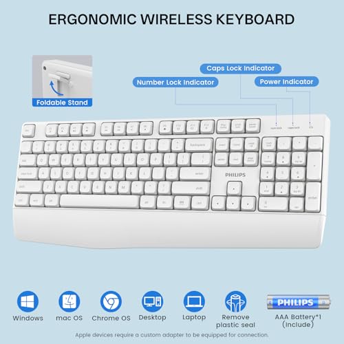 PHILIPS Wireless Keyboard and Mouse Combo-Ergonomic Keyboard and Mouse Wireless Combo with Silent Design,Plug n' Play,Sleep Mode and 2.4GHz Keyboard for Mac, Windows, Laptop-White - color: White