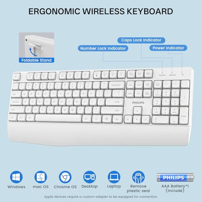PHILIPS Wireless Keyboard and Mouse Combo-Ergonomic Keyboard and Mouse Wireless Combo with Silent Design,Plug n' Play,Sleep Mode and 2.4GHz Keyboard for Mac, Windows, Laptop-White - color: White