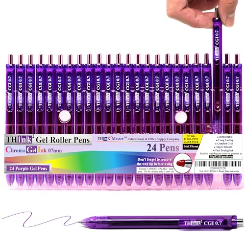 [24 Pens - Purple Ink] Think2 0.7mm CGI Retractable Gel Pens. (24 Purple) Medium Point Rollerball Pens with Smooth Quick Drying Ink. - color: Purple
