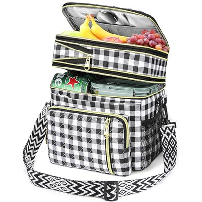 LOKASS Lunch Box for Women-16L-Insulated Lunch Bag Women, Expandable Double-layer Leakproof Cooler Bag with Upgrade Adjustable Shoulder Strap Ideal for Work/Travel/Picnics（Black&White Check） - color: Black&White Check