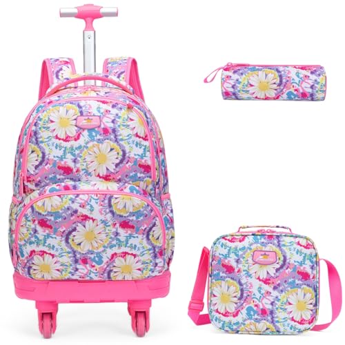 Kids Rolling Backpack for Girls Daisy Suitcases Trolley Roller Luggage Backpacks with 360° Rotating Wheels 15" Laptop Lunch Box Pencil Case for Elementary 18” Travel School Bag Pink - color: Pink-juhua-1220