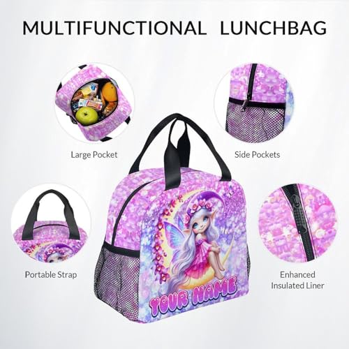COZYAURA Girls School Backpack Personalized with Name - 3-Piece Backpack Set with Insulated Lunch Box & Pencil Case, Fairy Design for Kindergarten & Elementary Students - color: Pink
