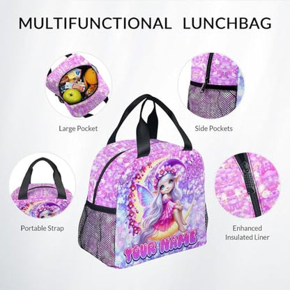 COZYAURA Girls School Backpack Personalized with Name - 3-Piece Backpack Set with Insulated Lunch Box & Pencil Case, Fairy Design for Kindergarten & Elementary Students - color: Pink