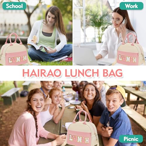 Lunch Bag for Girls and Women, Cute Preppy Lunch Bag with Chenille Letters, Insulated Large Capacity Lunch Tote with Detachable Strap for School, Work & Picnic, Light Pink - color: Light Pink