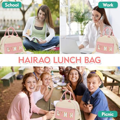 Lunch Bag for Girls and Women, Cute Preppy Lunch Bag with Chenille Letters, Insulated Large Capacity Lunch Tote with Detachable Strap for School, Work & Picnic, Light Pink - color: Light Pink