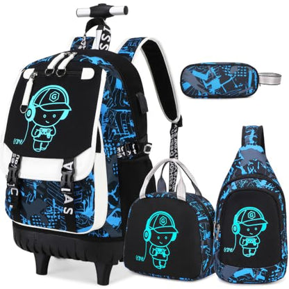 Bevalsa Rolling Backpack for Boys, Roller Backpack with Wheels, Wheeled School Bag with Sling Bag, Lunch Box & Pen Case for Kids Children Teens Elementary Middle Student Glow In The Dark - color: Blue