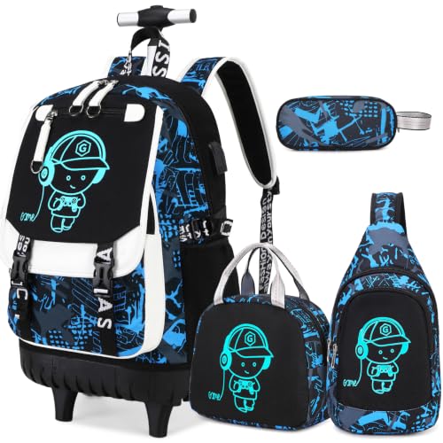 Bevalsa Rolling Backpack for Boys, Roller Backpack with Wheels, Wheeled School Bag with Sling Bag, Lunch Box & Pen Case for Kids Children Teens Elementary Middle Student Glow In The Dark - color: Blue