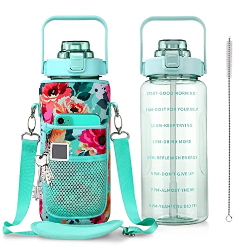 Half Gallon Water Bottle with Sleeve, 64OZ Motivational Water Bottle | Water Jug with Straw, Time Marker, BPA Free, Leakproof, Gym Water Bottle for Sport Workout - color: Green Rose