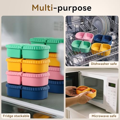 4 Pack Silicone Reusable Snack Containers with Lids - 8 oz Double Compartment Snackle Box for Kids & Adults, BPA-Free & Leakproof, Small for Dressing, School, Office - color: 2-Compartment (4-Pack)