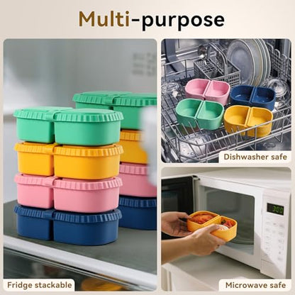 4 Pack Silicone Reusable Snack Containers with Lids - 8 oz Double Compartment Snackle Box for Kids & Adults, BPA-Free & Leakproof, Small for Dressing, School, Office - color: 2-Compartment (4-Pack)