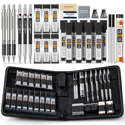STAGEEK Drawing Pencil Set with Canvas Bag 30 Count, Mechanical Pencils 0.5, 0.7, 0.9MM & 3PCS 2MM Sketch Pencils with 464PCS Lead Refills (6B 4B 2B HB 2H 4H Color) for Artist Drafting Drawing - style: 0.5, 0.7, 0.9, 2MM with Canvas Bag
