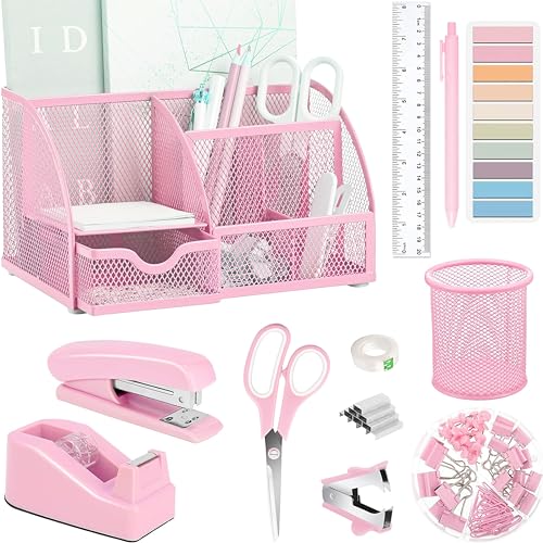 Pink Office Desk Accessories Supplies, 12pcs Desk Organizers and Accessories with Tape dispenser and Stapler,Staples,Staple Remover,Pen Holder,Scissor,Ruler,Sticky Tabs,Tape,Ballpoint Pen,Clips Set - color: Pink