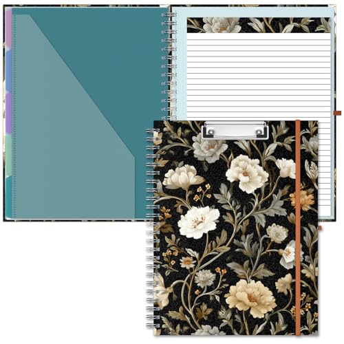 Hongri Clipboard Folio with Refillable Lined Notepad, 8.5 x 11 Folders with Storage 10 Pockets, Spiral Portfolio, Size 12.8X 9.7 in, Office & School Supplies, Retro Floral - color: Retro Floral