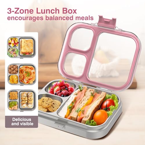 HOMEKOL Stainless Steel Bento Lunch Box, Pink, 3.3Cups | 3-Compartment,Leak-Proof, for Kids & Adults, BPA-Free, Dishwasher Safe, Clear Tritan Lid, 800ml (Not Insulated) - color: Pink, size: 27oz (800ml)