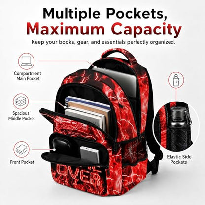 Game Backpack Set for Boys Kids – 17" Large Capacity Gaming School Bag with Lunch Box, Pencil Bag and Coin Purse (Red) - color: Red-1