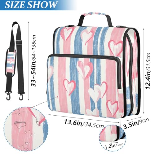 Hearts Stripes Zipper Binder 3 Ring with Shoulder Strap and Handle Multiple Pockets Expanding File Folder Organizer