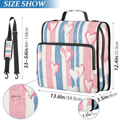 Hearts Stripes Zipper Binder 3 Ring with Shoulder Strap and Handle Multiple Pockets Expanding File Folder Organizer
