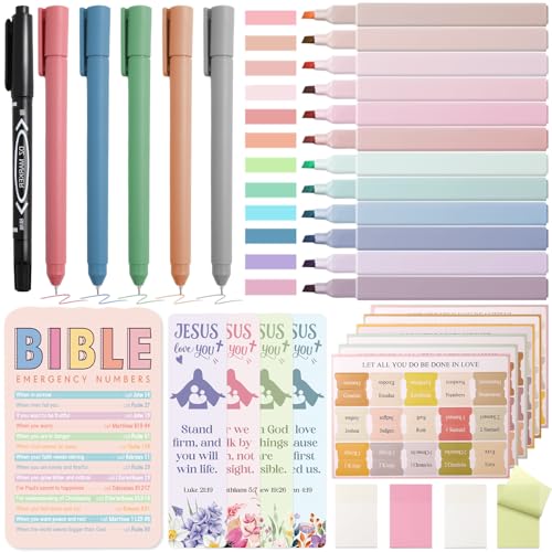 XKDOUS Bible Study Supplies Journaling Kit, Morandi Colored Bible Study Kit Journaling Supplies with 12 Pastel Highlighter and 90 Index Tabs Set, 5 Smooth Pens and More, Christian Gifts for Women - color: Bible Kit-S