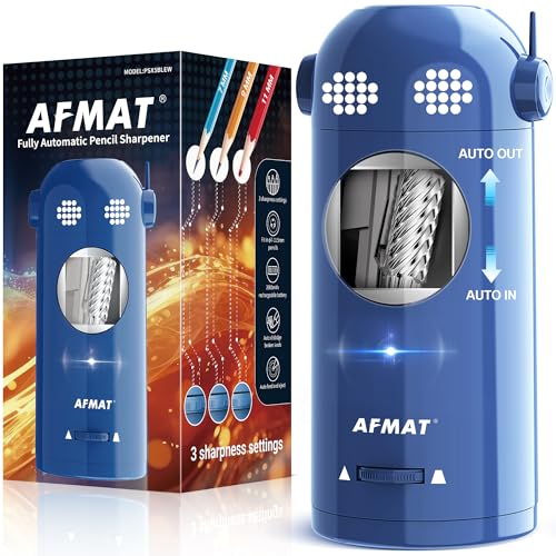 AFMAT Electric Pencil Sharpener Fully Automatic, Colored Pencil Sharpeners for 7-11.5mm Pencils, Rechargeable Hands-Free Robot Sharpener for Classroom, Home, Office, Battery Operated, PSX5EW, Blue - color: Blue