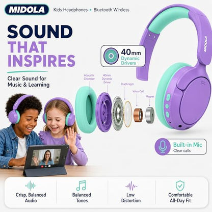 MIDOLA Kids Bluetooth Headphones Active Noise Cancelling,68H Play Time,Lightweight Wireless Foldable Over-Ear Headphone for Kid Toddler,Volume Limited 85/94dB,Headsets with Built-in Mic Purple - color: Purple
