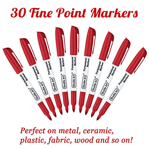 Shuttle Art Permanent Markers, 30 Pack Red Permanent Marker set,Fine Point, Works on Plastic,Wood,Stone,Metal and Glass for Doodling, Marking