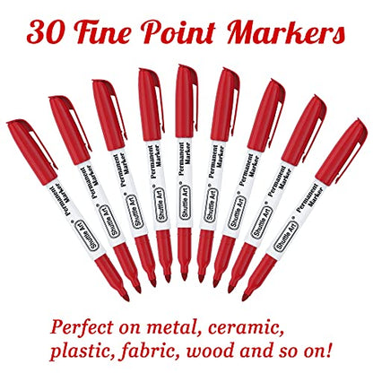 Shuttle Art Permanent Markers, 30 Pack Red Permanent Marker set,Fine Point, Works on Plastic,Wood,Stone,Metal and Glass for Doodling, Marking