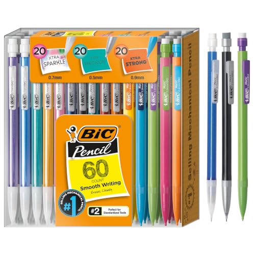 BIC Mechanical Pencil Variety Pack, Number 2 Mechanical Pencils With Erasers, Fine Point (0.5mm), Medium Point (0.7mm) and Thick Point (0.9mm), 60 Count, Bulk Mechanical Pencils for School or Work