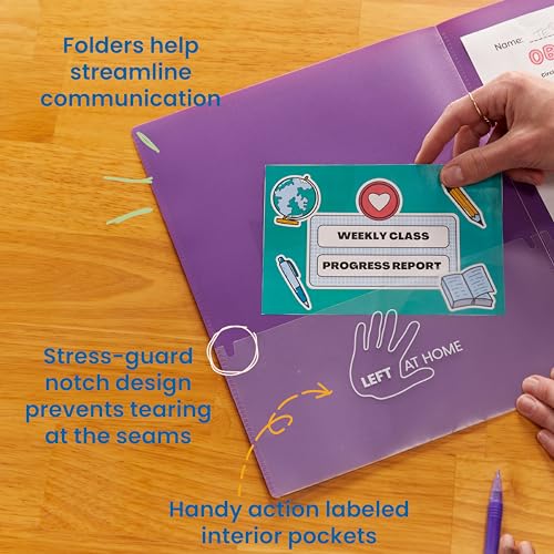 ECR4Kids 2-Pocket Parent-Teacher Classroom Communication Folder, School Supplies, Bright Purple, 36-Piece - color: Purple