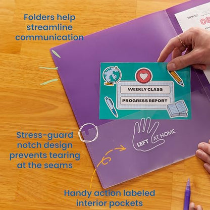 ECR4Kids 2-Pocket Parent-Teacher Classroom Communication Folder, School Supplies, Bright Purple, 36-Piece - color: Purple