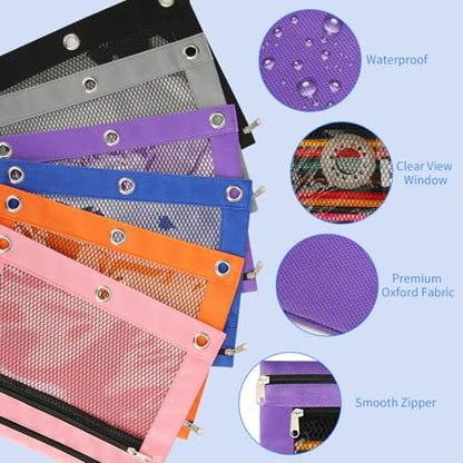 Gioriches Pencil Pouch for 3 Ring Binder - 3 Pack Zippered Pencil Pouches with Transparent Mesh Window| Binder Pouch with Smooth Zippers| Zippered Pencil Bag for School Office Students, Black - color: Black