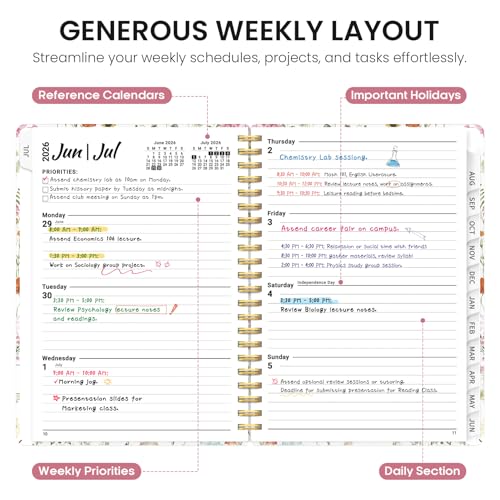 Planner 2026-2027, Academic Year Monthly and Weekly Calendar Planner, Jul 2026 - Jun 2027, Hardcover Teacher Student Planning Agenda book with Tabs, Perfect for School Office Supplies, 6.3" x 8.5" - Wildflowers - color: A-Wildflowers, size: (6.3"x8.5")a5