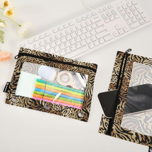 Gredecor 3 Ring Binder Pencil Pouch, Modern Leopard Brown Zippered Pen Case Pouches with Clear Window, 2 Pack Stylish Office & School Supplie - color: Modern Leopard Brown